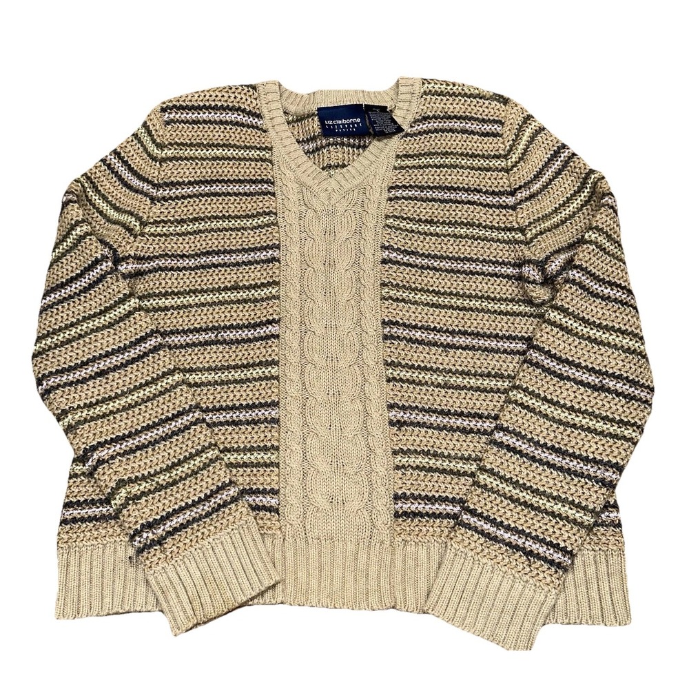 Liz Claiborne Y2K Striped Wool Blend Cable‎ Knit V-Neck Sweater Women's Petite S